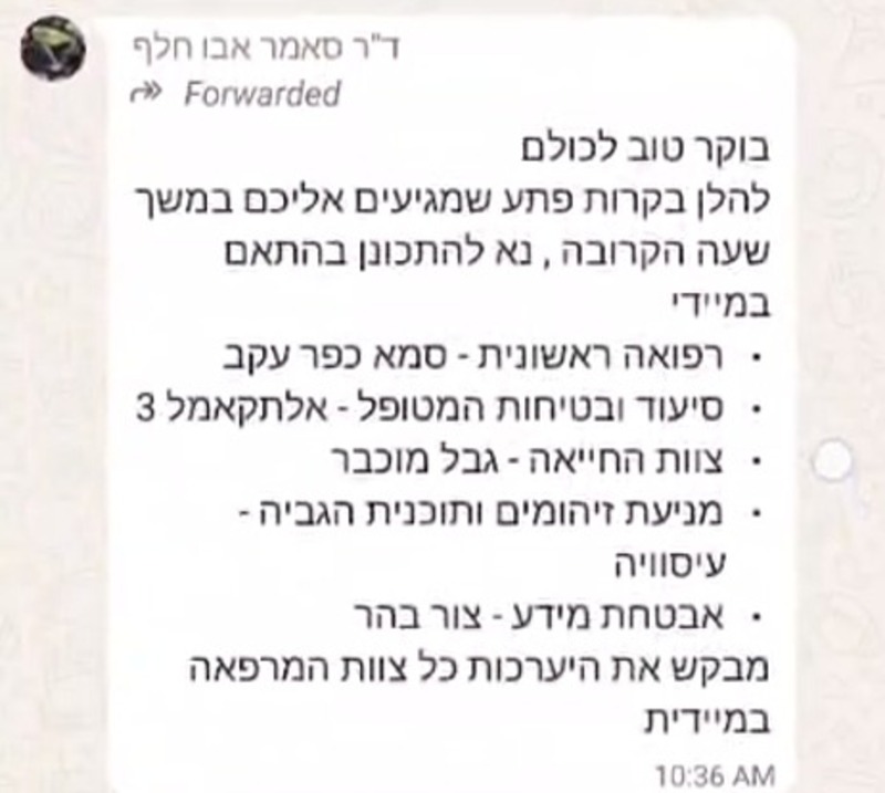 ההודעה בקבוצה המתריעה מביקורת פתע