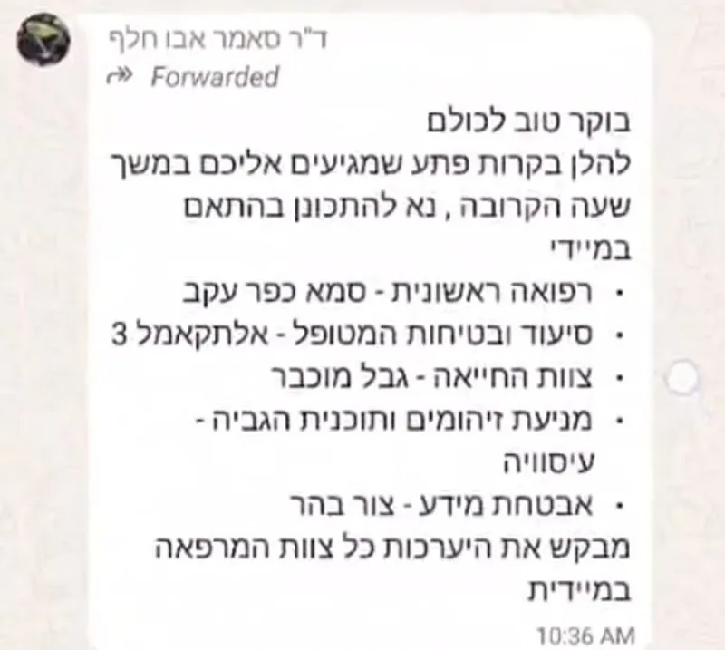 ההודעה בקבוצה המתריעה מביקורת פתע