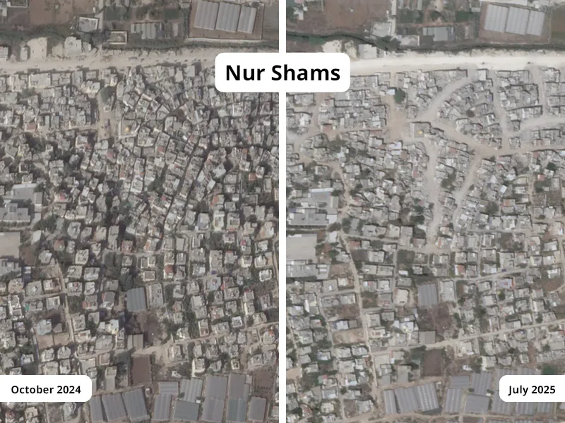 Nur Shams Refugee Camp October 2024 and July 2025. Photo: Planet Labs PBC