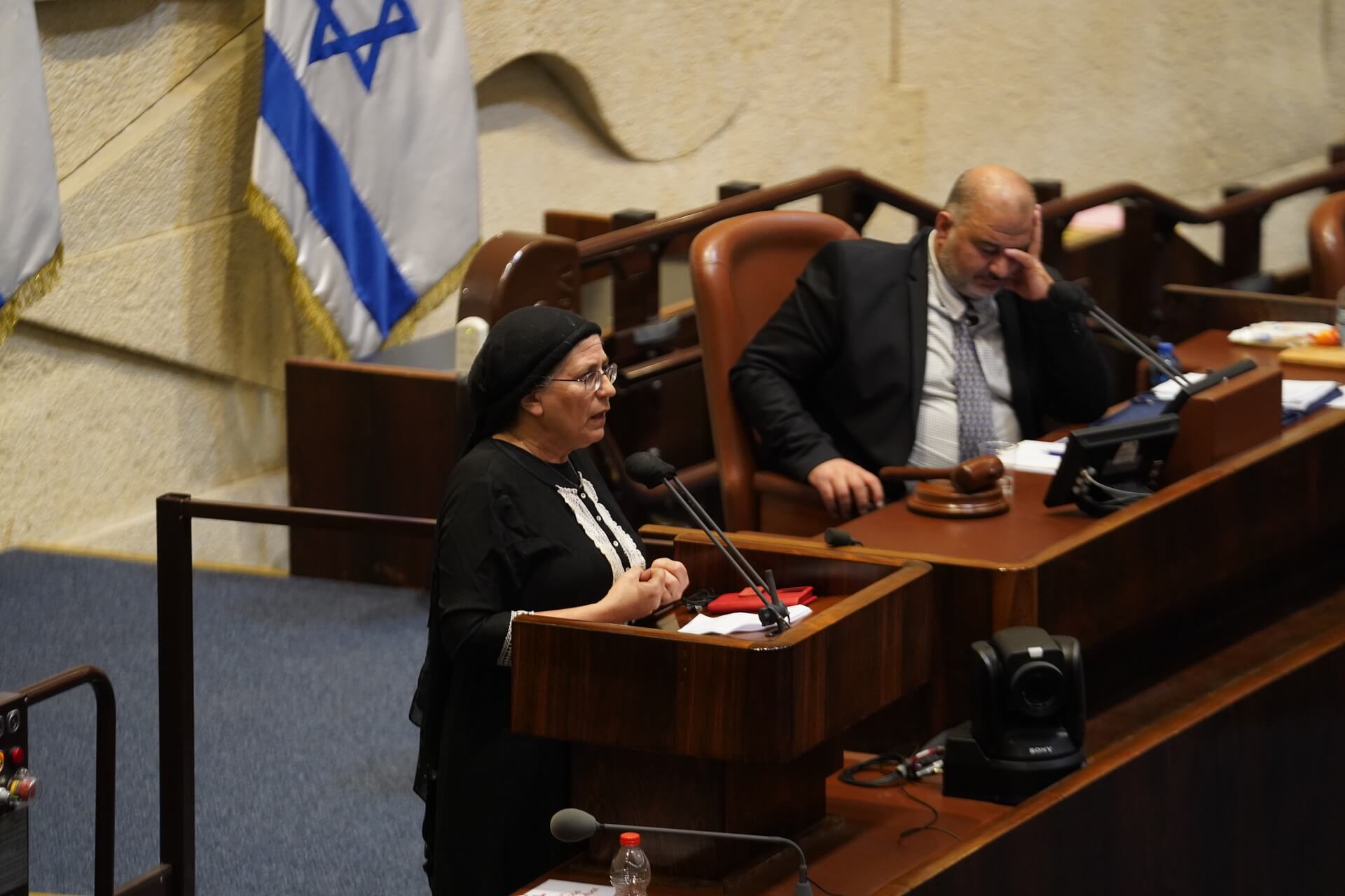 אורית סטרוק על דוכן הכנסת, מנסור עבאס תופס את הראש. צילום: דני שם טוב, דוברות הכנסת