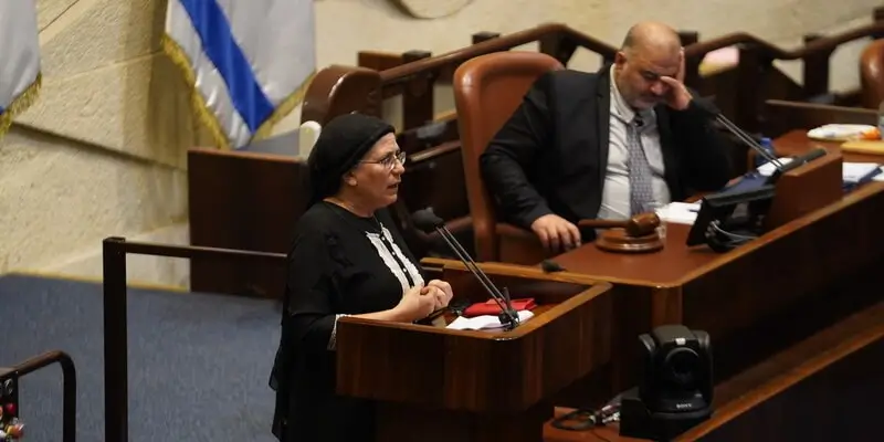 אורית סטרוק על דוכן הכנסת, מנסור עבאס תופס את הראש. צילום: דני שם טוב, דוברות הכנסת