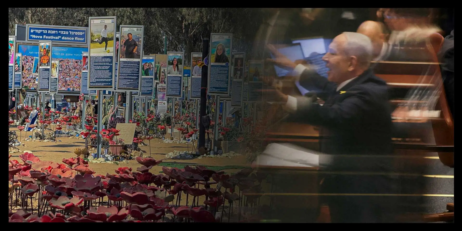 נתניהו על דוכן הכנסת ואתר ההנצחה בנובה, שהוקם על ידי הורים שכולים. צילומים: רויטרס