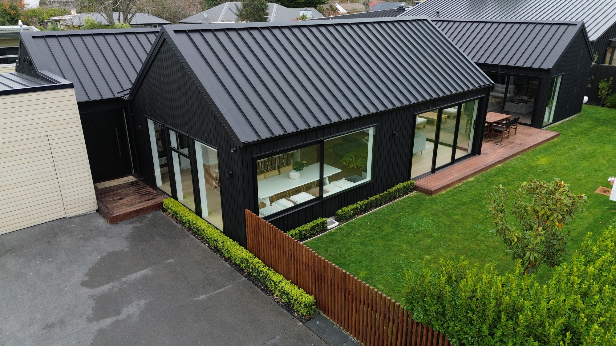 Birds eye view of New home Christchurch, Cedar Home and Cedar Garage. DMC Projects Builder Christchurch