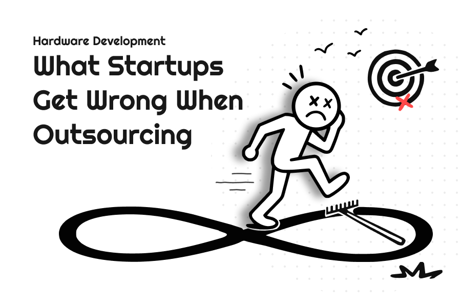 Minimalist black-and-white line illustration of a frustrated startup founder stepping on a rake while aiming at a target, symbolizing common mistakes in hardware outsourcing.