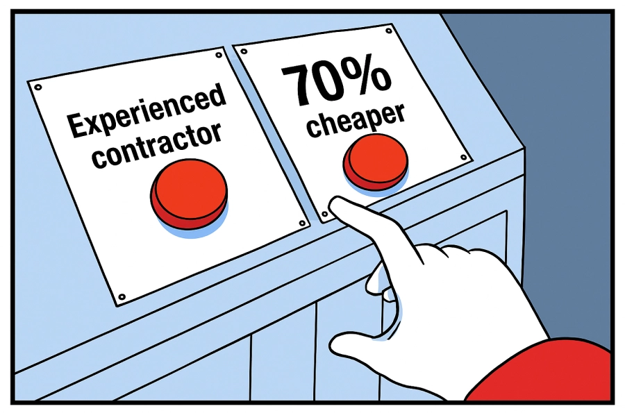 Two-button dilemma meme: choosing between an experienced contractor and a 70% cheaper option, highlighting common cost vs. quality trade-off in outsourcing.