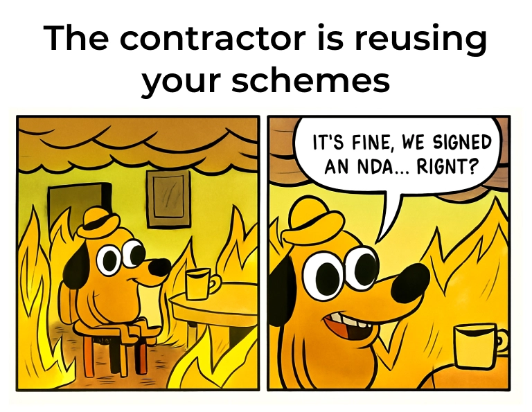 Cartoon meme of a dog in a burning room saying “It’s fine, we signed an NDA”, illustrating false security when contractors reuse hardware design schemes.