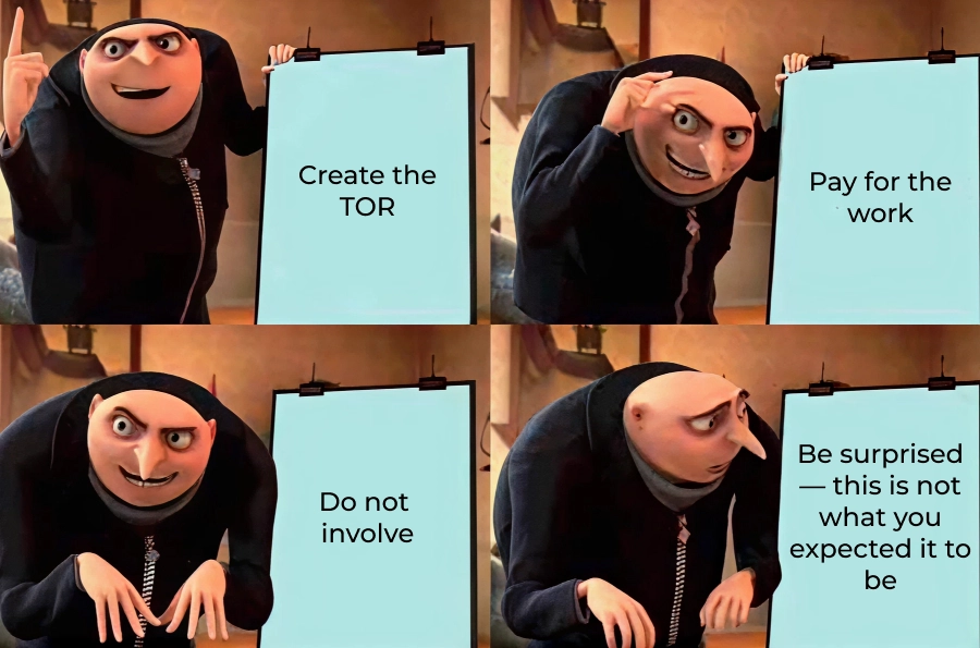 Startup outsourcing meme: A step-by-step breakdown showing how lack of client involvement in outsourced hardware development leads to unexpected results.