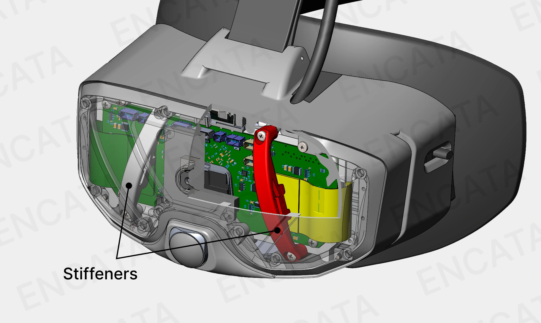 CAD model of XR headset interior highlighting redesigned flex cables and stiffeners