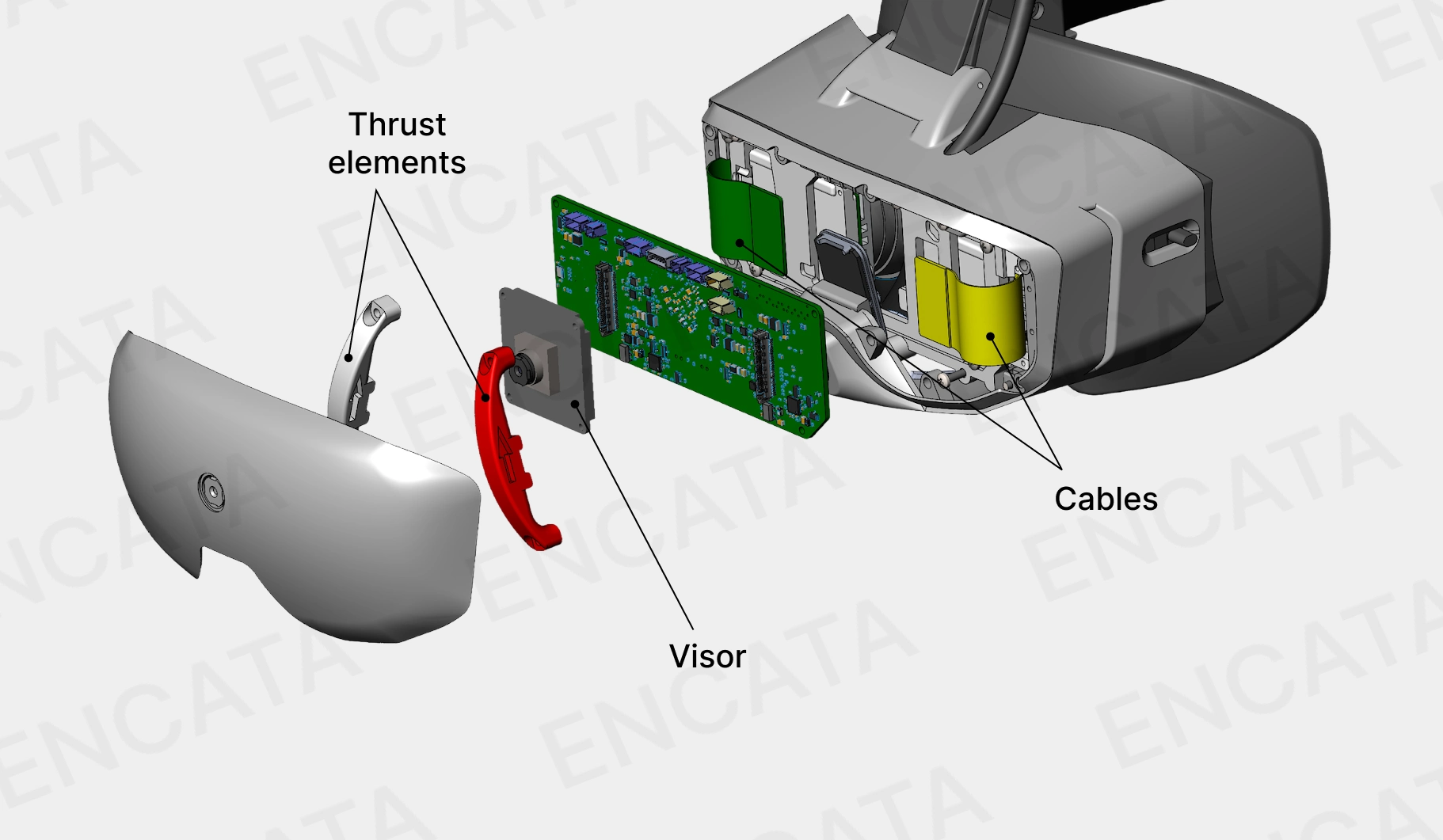 Exploded CAD view of XR headset enclosure, optical system, and control board