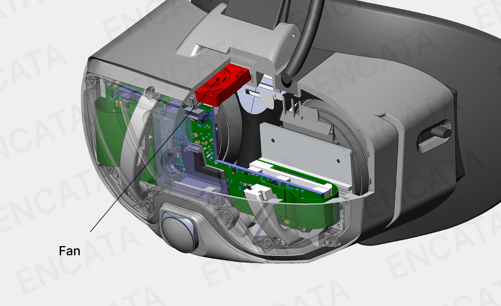 CAD model of XR headset with integrated fan for lens anti-fog system