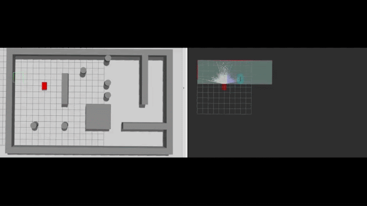 Lidar-based SLAM mapping and obstacle detection: simulation environment (left) and real-time lidar data in RViz (right).