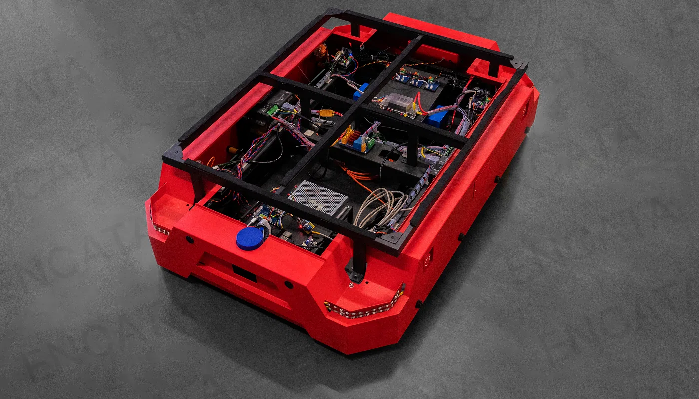 Top view of the warehouse robot with exposed electronics