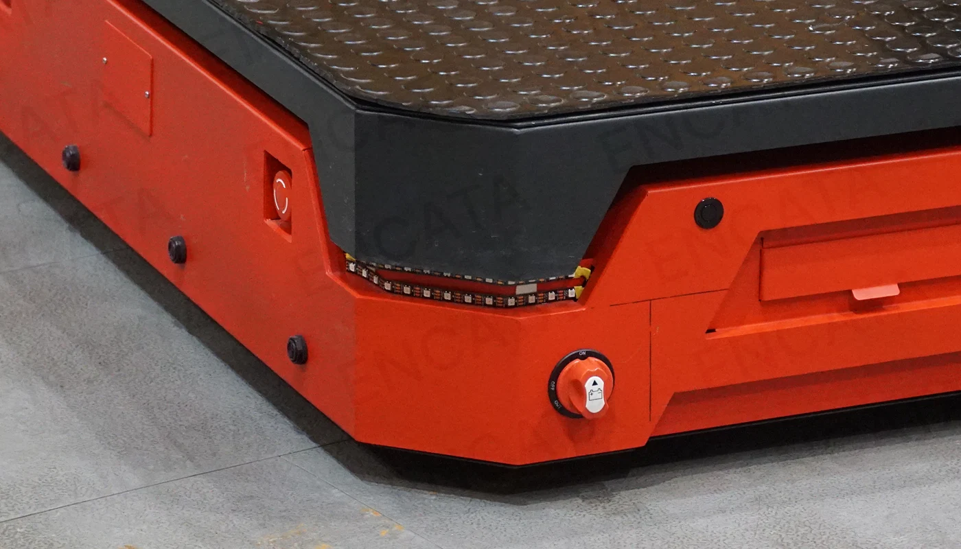 Steel robot platform with stiffening ribs and an anti-slip damping mat for safe cargo transportation.