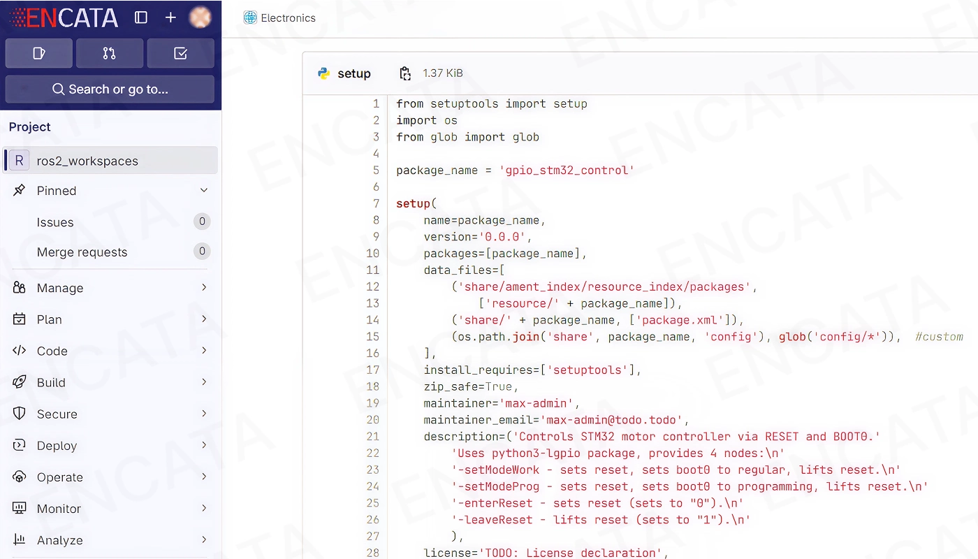 ROS2 development environment showing motor and sensor control code for the warehouse robot.