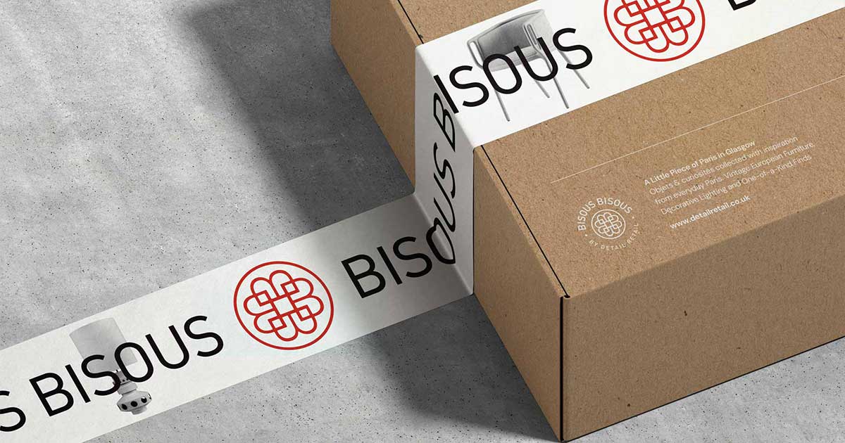 Branded packaging tape and shipping box for Bisous Bisous