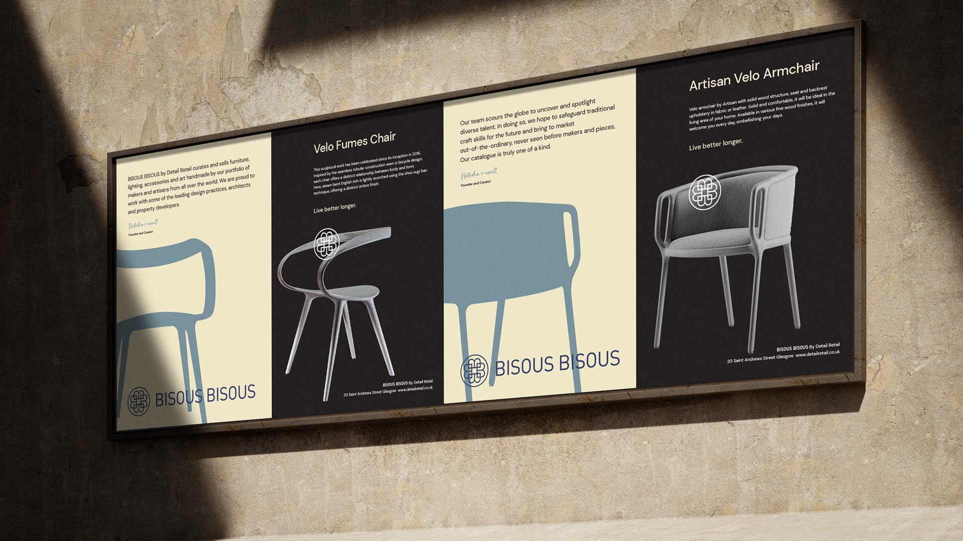 Product advertising for Bisous Bisous fine furniture collection
