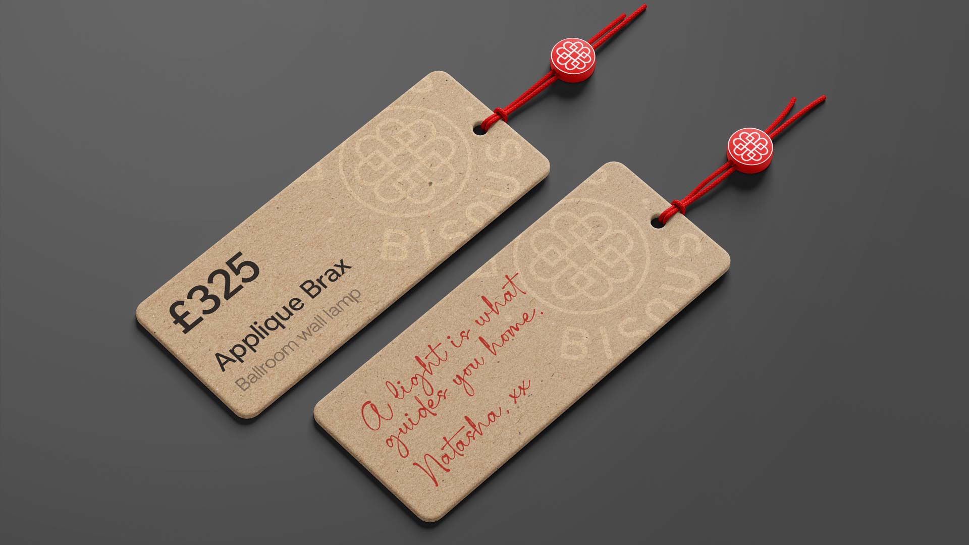 Retail product tag designed for the Bisous Bisous boutique