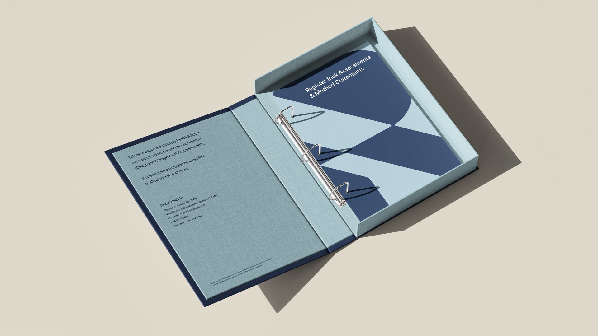 Russell Contracts branded presentation folder using the blue identity system.