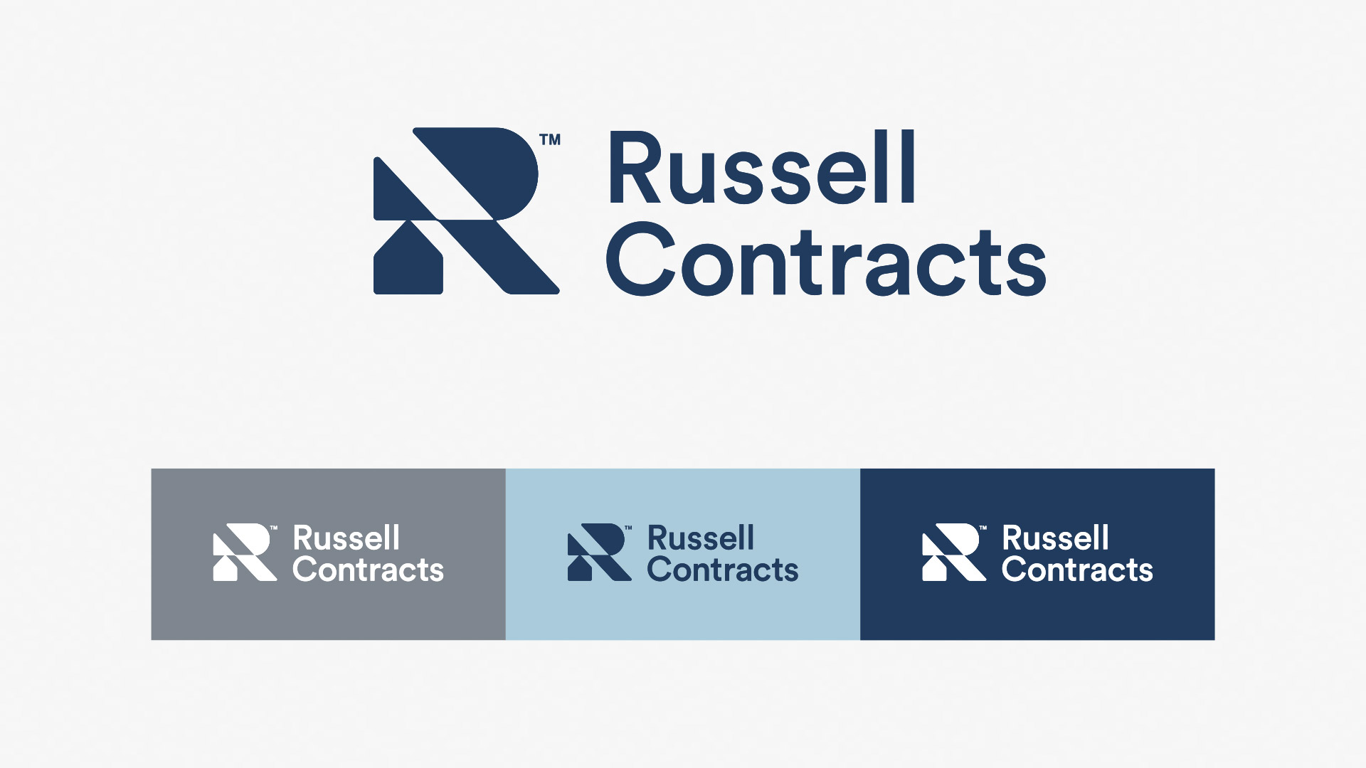 Russell Contracts logo shown across Foundation Grey, Roofline Blue and Constructor Blue colourways.