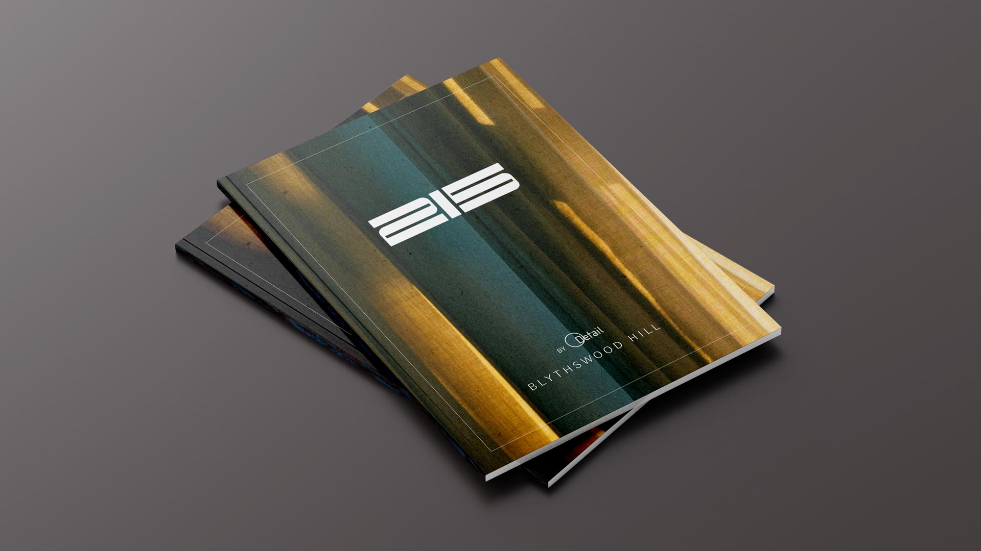 Brochure cover with the white 215 logo over green-and-gold fabric, above “By Detail” and “Blythswood Hill”.