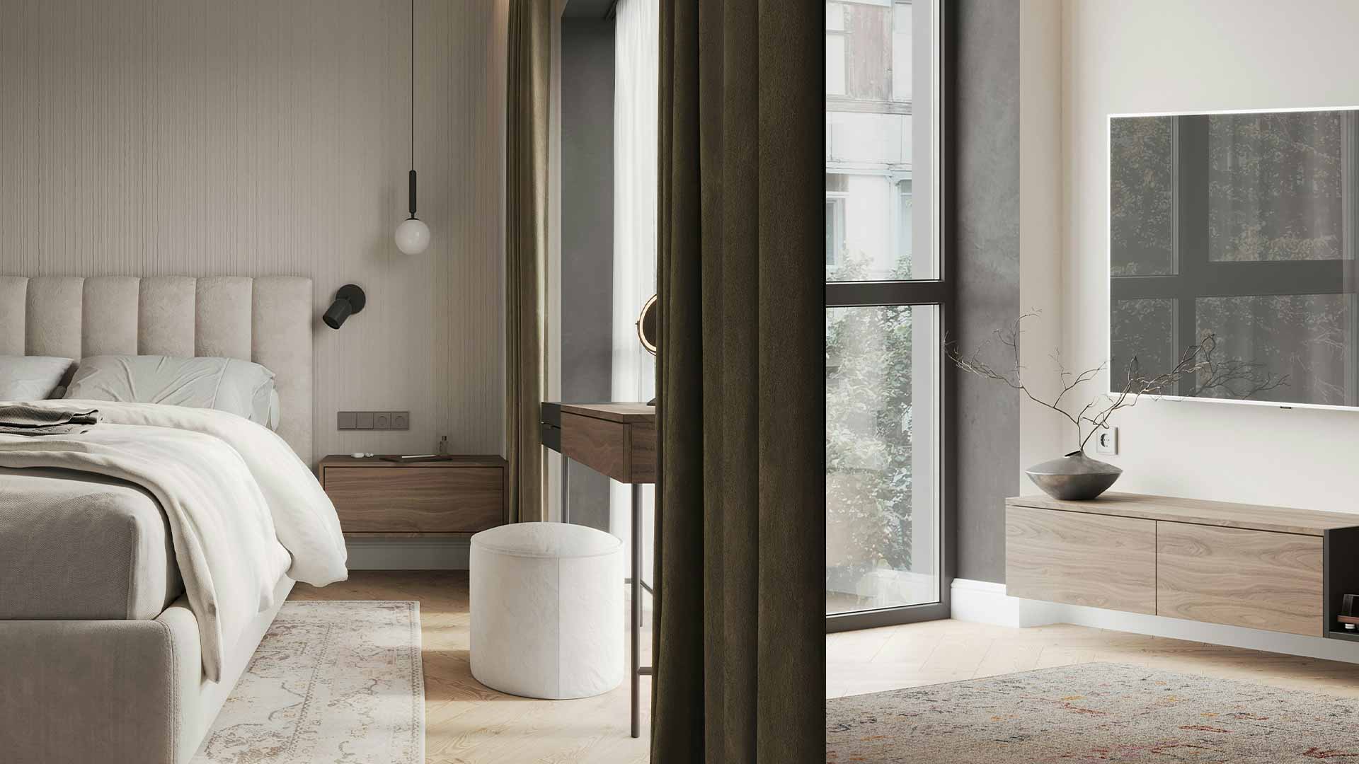 Paired interior views showing an upholstered bed and a living area with green curtains and a low timber cabinet.