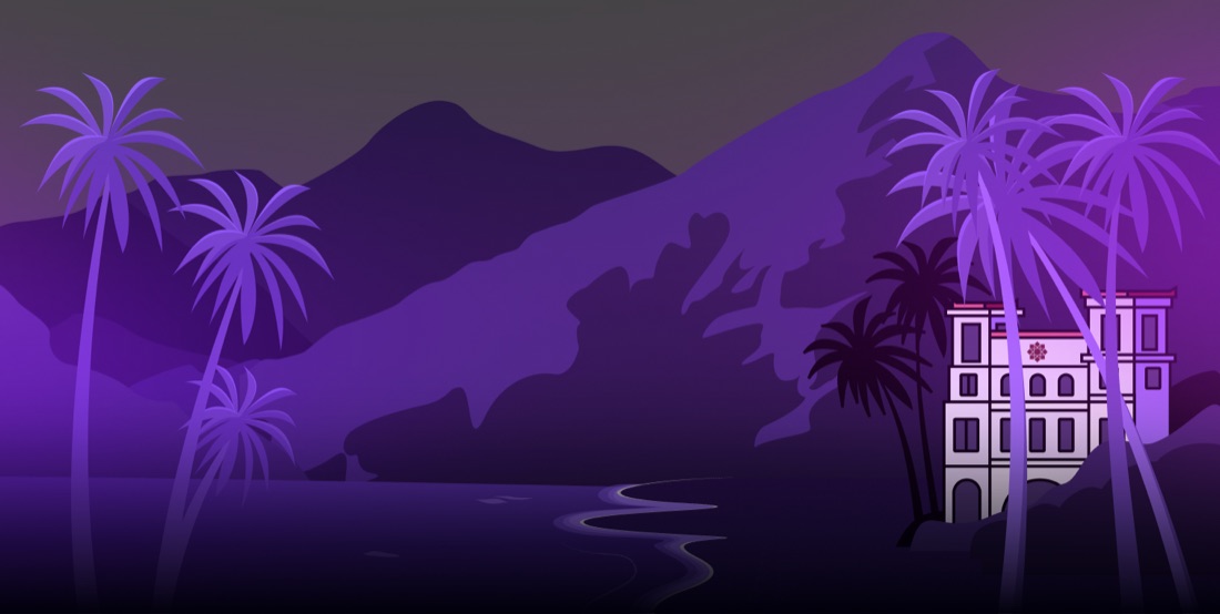 Revive brand illustration — a purple twilight scene with palm trees and a villa, used across the site and pitch deck