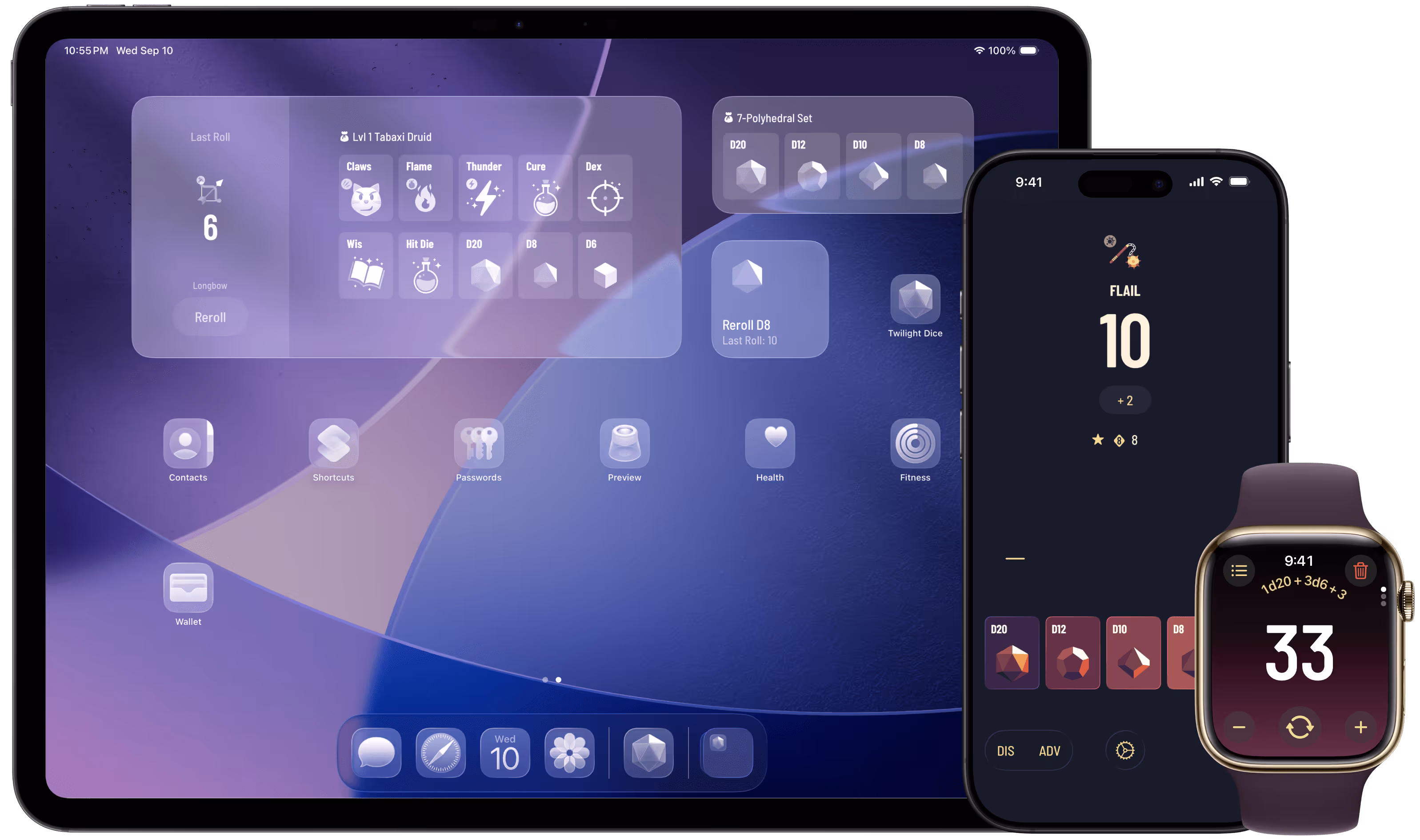 Twilight Dice running on iPad, iPhone, and Apple Watch. Showcasing Extra Large iPad widgets, Saved Rolls, and the new Apple Watch app.