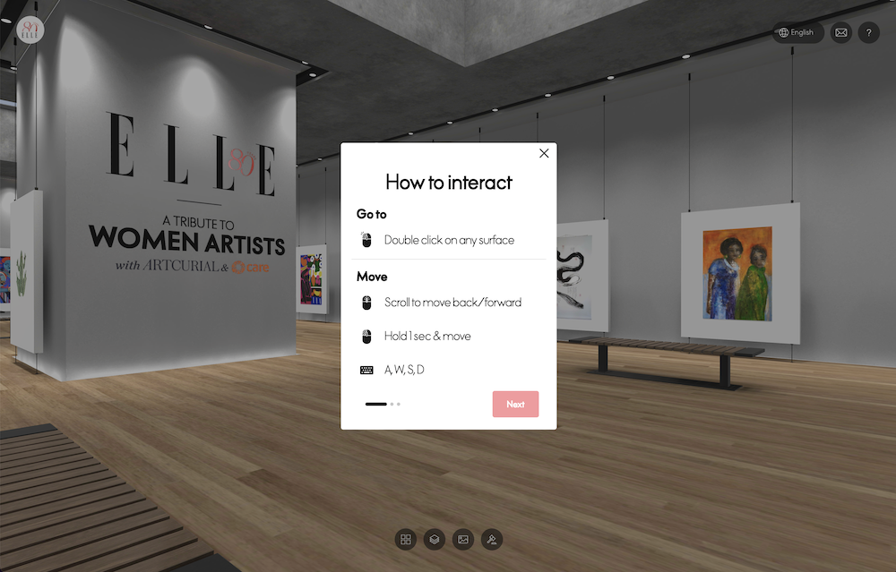 Step into the exhibition as if you're truly there. Unlike static 360° panoramas or traditional guided tours, our innovative First Person View places you directly within the gallery space. You'll navigate freely, moving through the exhibition halls as if you were walking, turning your head to explore every angle and detail of the artworks. The perspective dynamically adjusts to your movement, simulating real-world elevation changes as you ascend ramps or stairs. This groundbreaking mode offers the most realistic and engaging experience, fostering a profound sense of presence and allowing for a truly personal exploration of ELLE's 80th Anniversary art collection.