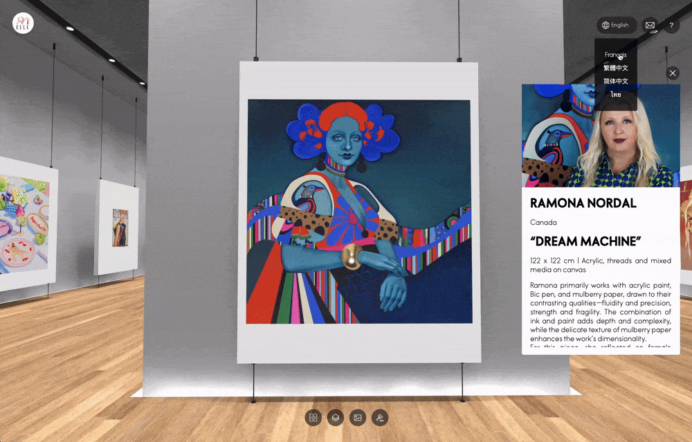 As this exhibition is designed for a global audience, our client, ELLE, specifically requested a multi-language experience to ensure accessibility worldwide. We've brought this vision to life by developing a seamless multi-language functionality, allowing you to effortlessly switch between English, French, Traditional Chinese, Simplified Chinese, and Thai at any point during your virtual tour. This ensures that art enthusiasts from diverse linguistic backgrounds can fully engage with and appreciate the profound messages within ELLE's 80th Anniversary art collection.