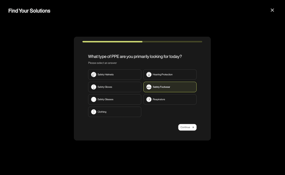 A built-in interactive questionnaire, acts as your virtual safety consultant, instantly generating curated Uvex product recommendations based on your specific workplace hazards. Users can use the questionnaire efficiently to find the exact protective equipment required.