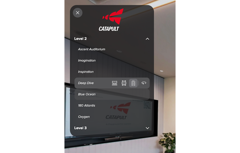 Navigating Catapult's multi-level facility is incredibly easy thanks to the intuitive side menu. This feature functions as an interactive directory and floorplan, allowing users to effortlessly jump between the different event spaces, breakout rooms, and auditoriums. The streamlined navigation UI ensures that prospective clients can explore the massive campus smoothly without losing their bearings.