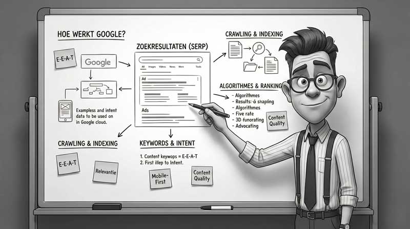Een cartoon figuur staat voor een whiteboard met allerlei Google instructies