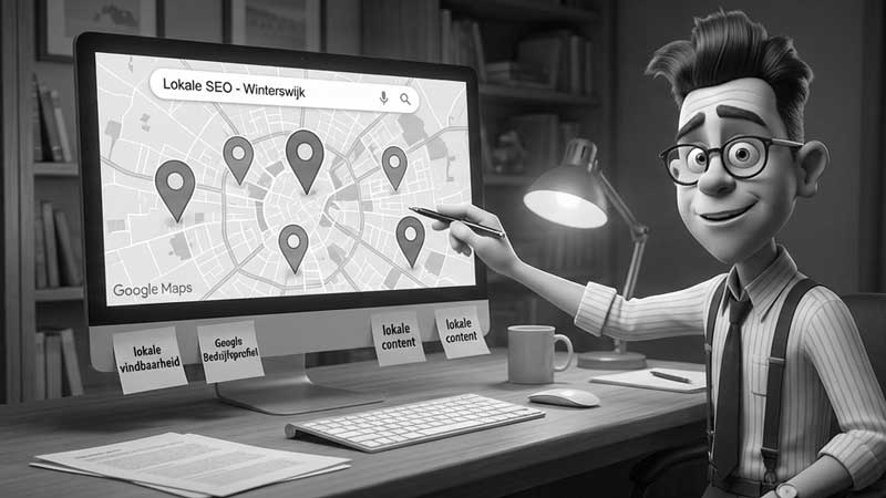 Cartoon figuur voor zijn desktop met daarop de kaart van winterswijk