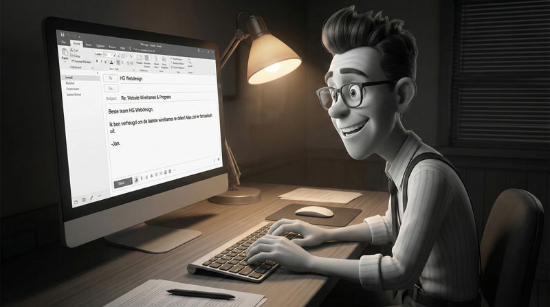 cartton figuur zit voor een desktop en schrijft een e-mail