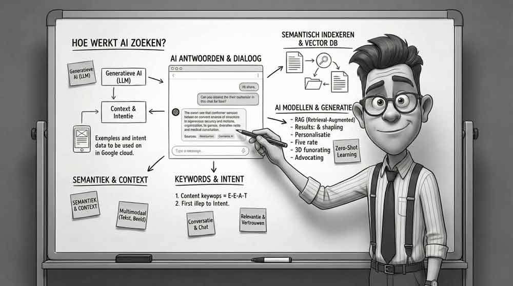 Een cartoon figuur staat voor een whiteboard met allerlei Google instructies