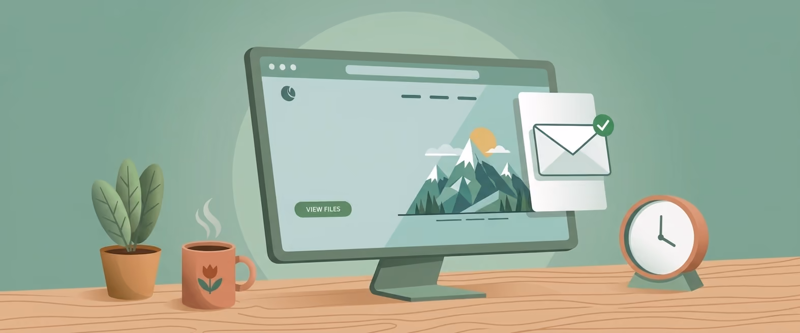 Illustratie van een bureau met een computerscherm, een envelop en een klok
