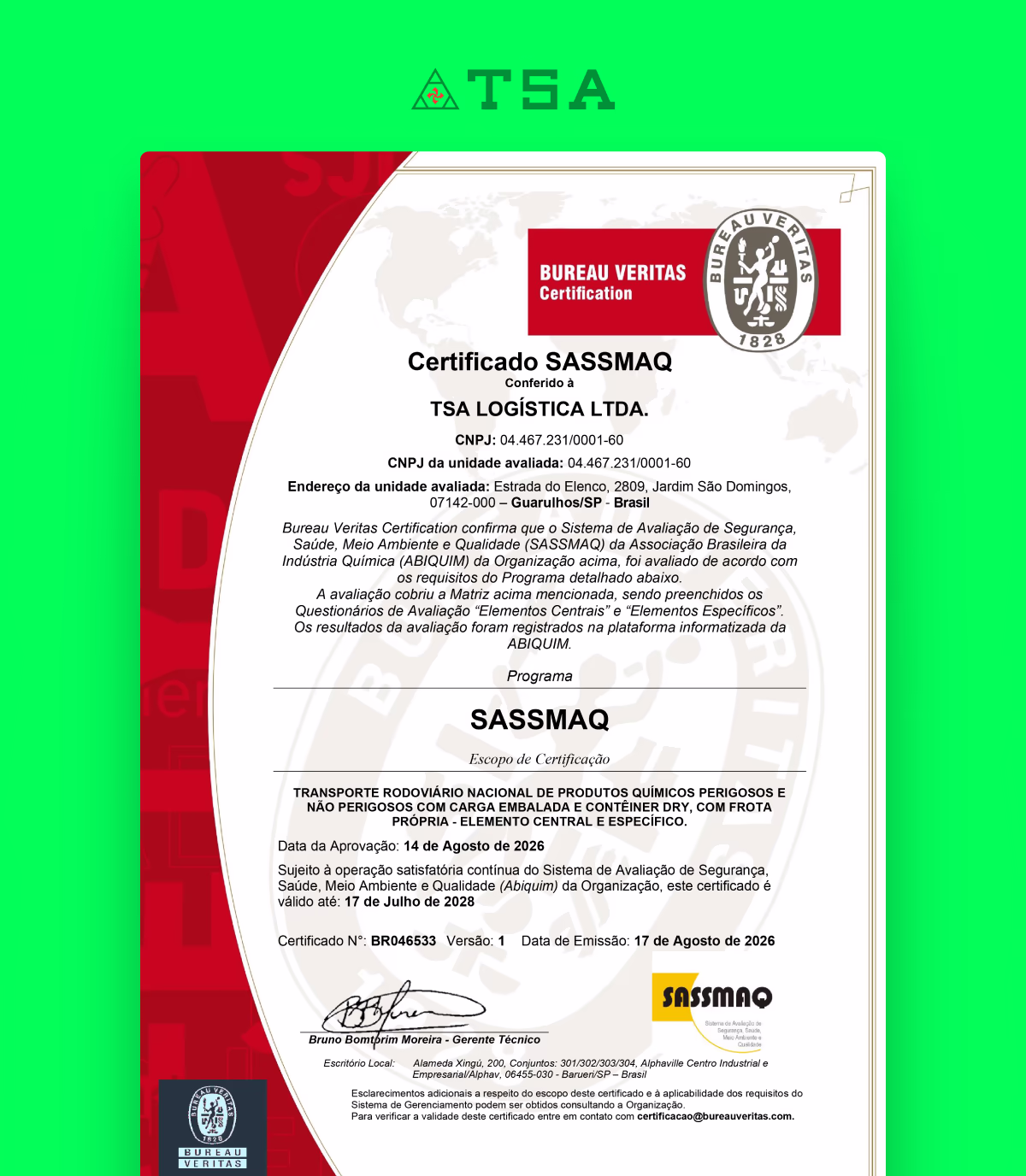 Certificado Sassmaq vigente até 2028