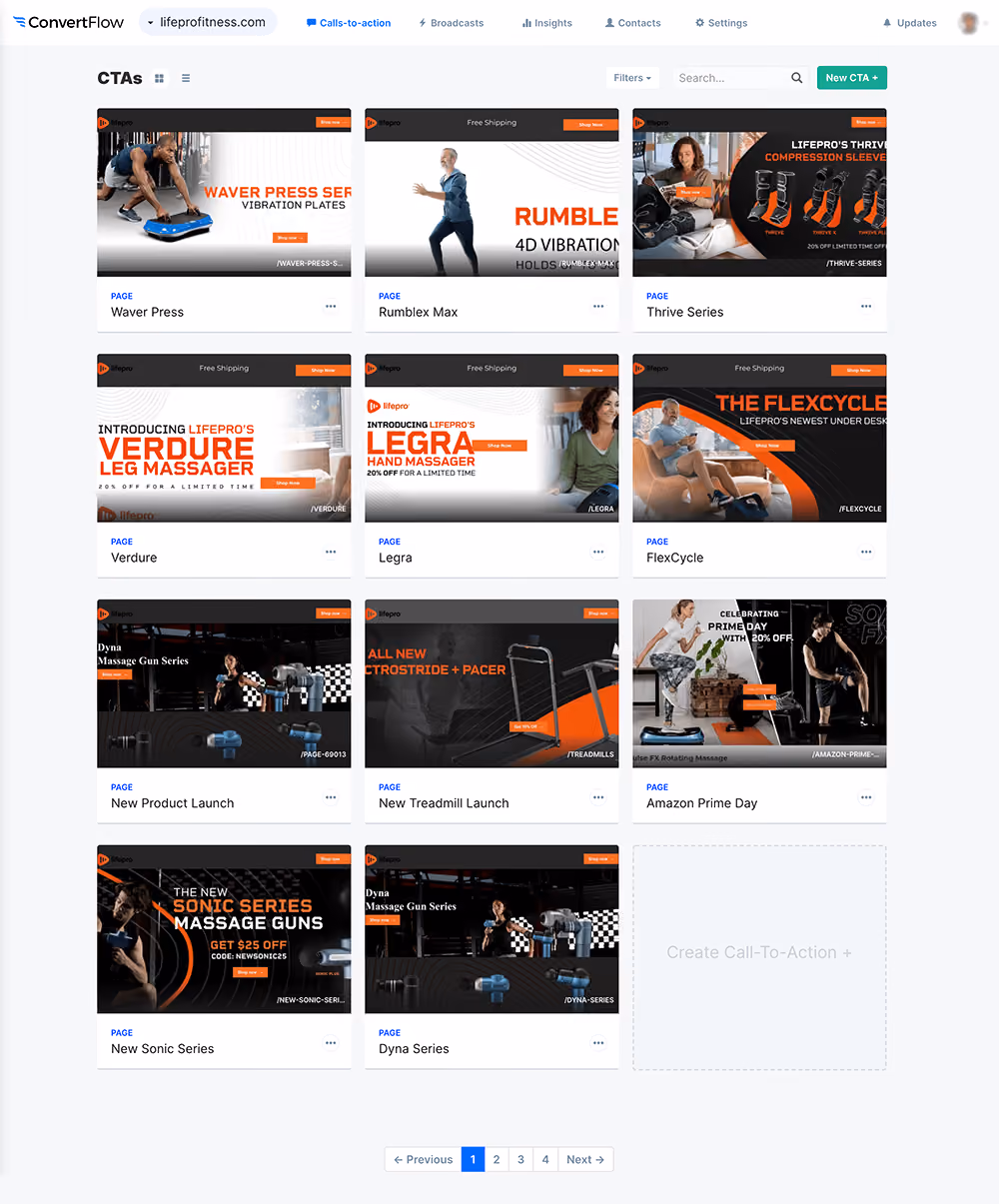 Lifepro Fitness landing page campaigns dashboard in ConvertFlow