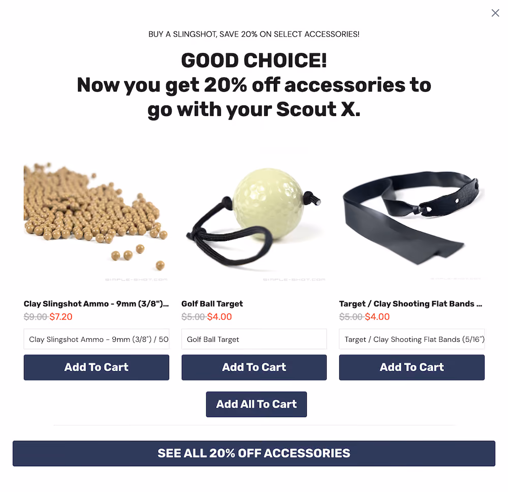 SimpleShot's add-to-cart cross-sell popup. This one reads, "Good choice! Now you get 20% off accessories to go with your Scout X." It includes three products to consider.
