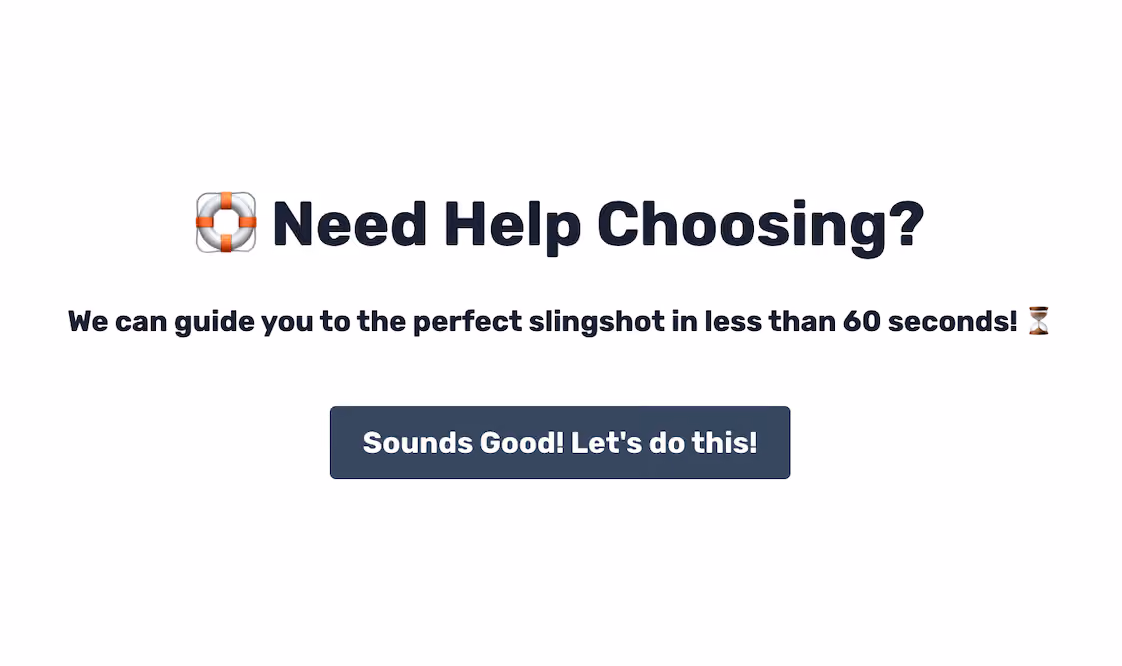 SimpleShot's quiz popup reads "Need help choosing? We can guide you to the perfect slingshot in less than 60 seconds!"0