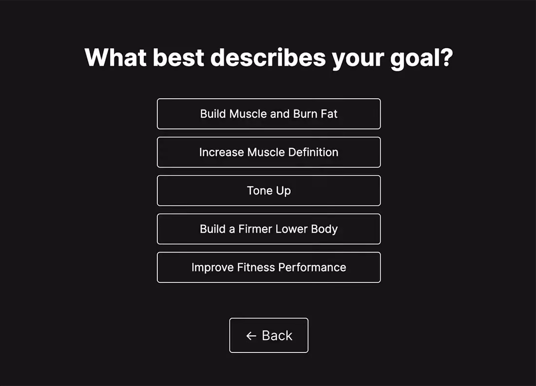 One of the Undersun quiz steps reads, "What best describes your goal?" It lists several fitness goal options to choose from.