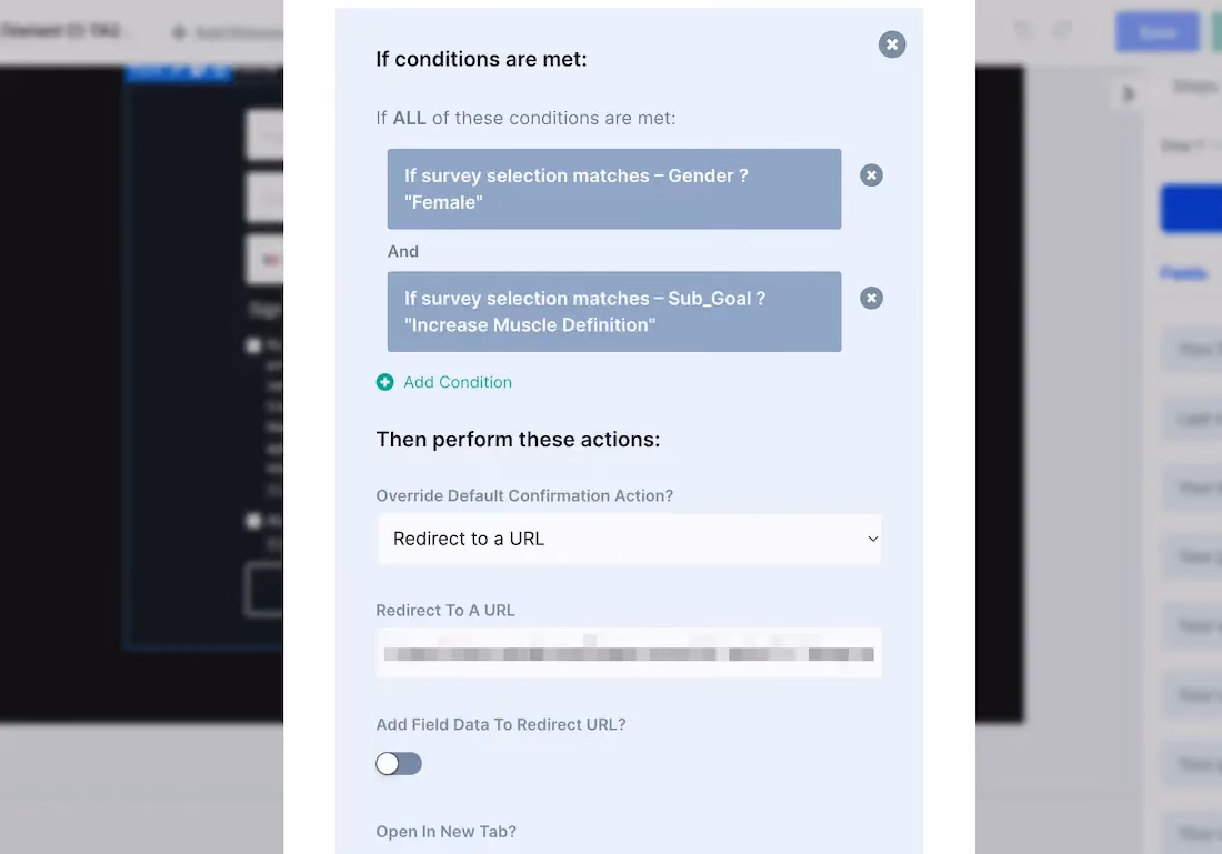 Conditional actions set up in ConvertFlow that match a shopper's quiz answers.