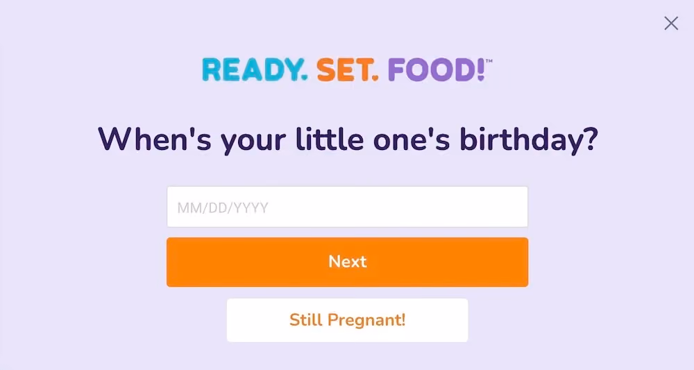 This step of the popup reads "When's your little one's birthday?" It has a form field for a birthday and two buttons. One reads "Next" and the other reads "Still Pregnant!"
