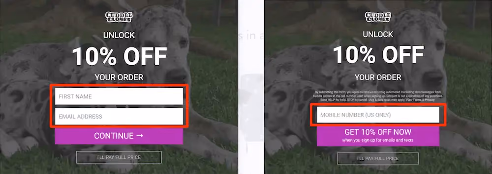 Cuddle Clones' two-step welcome popup that collects an email address and first name in step one and a phone number in step two.