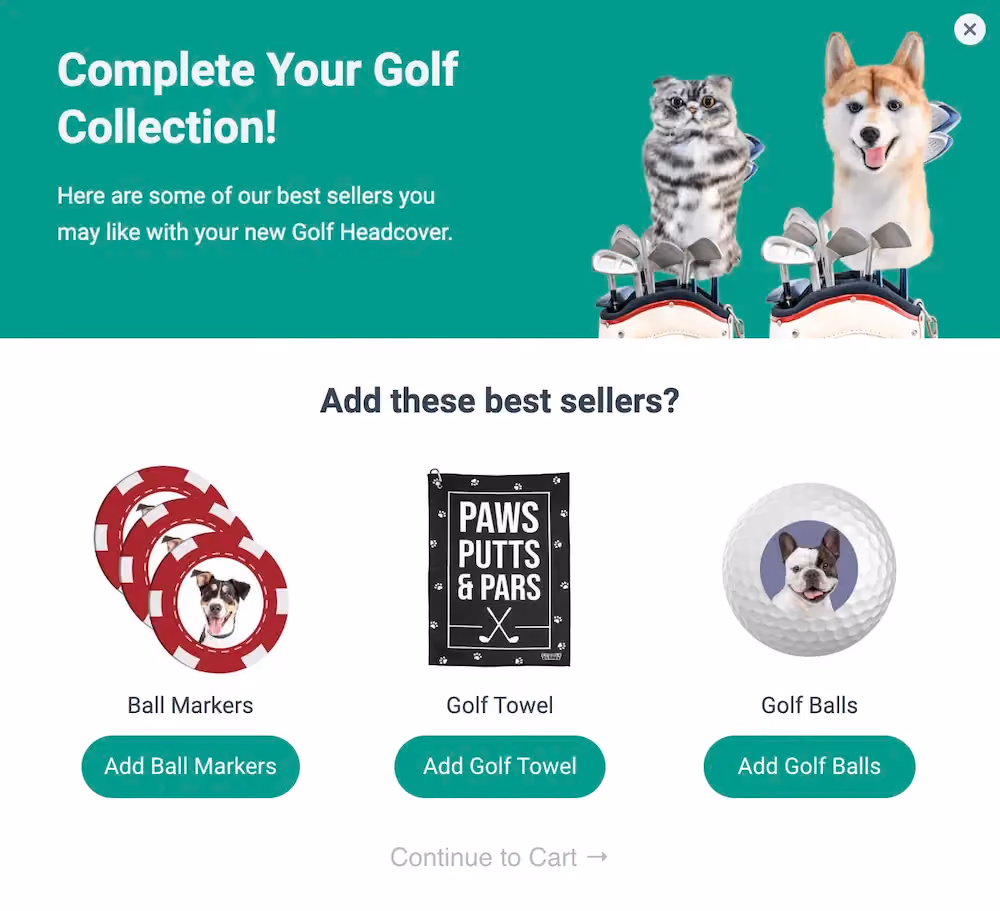 Cuddle Clones' collection-based cross-sell popup. The header reads "Complete your golf collection!" It recommends three more products from the golf collection.