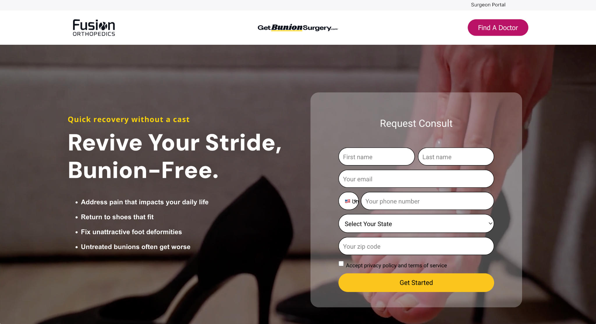 GetBunionSurgery.com homepage with a Request Consult form