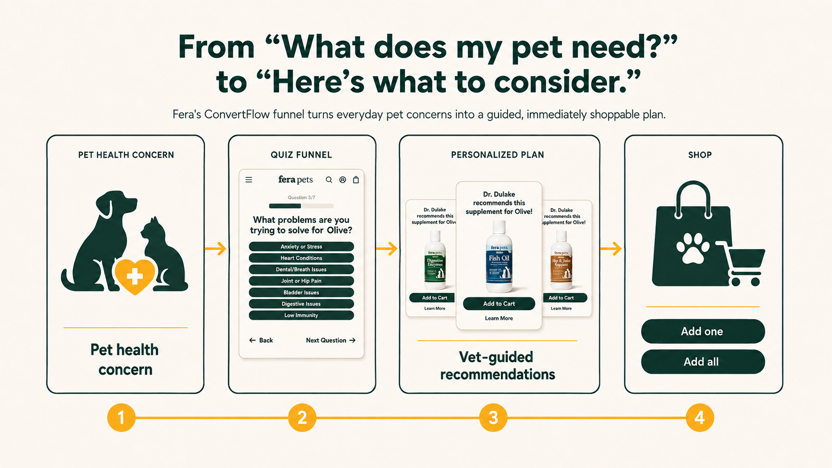 Flow from pet health concern to quiz funnel to personalized plan to shop