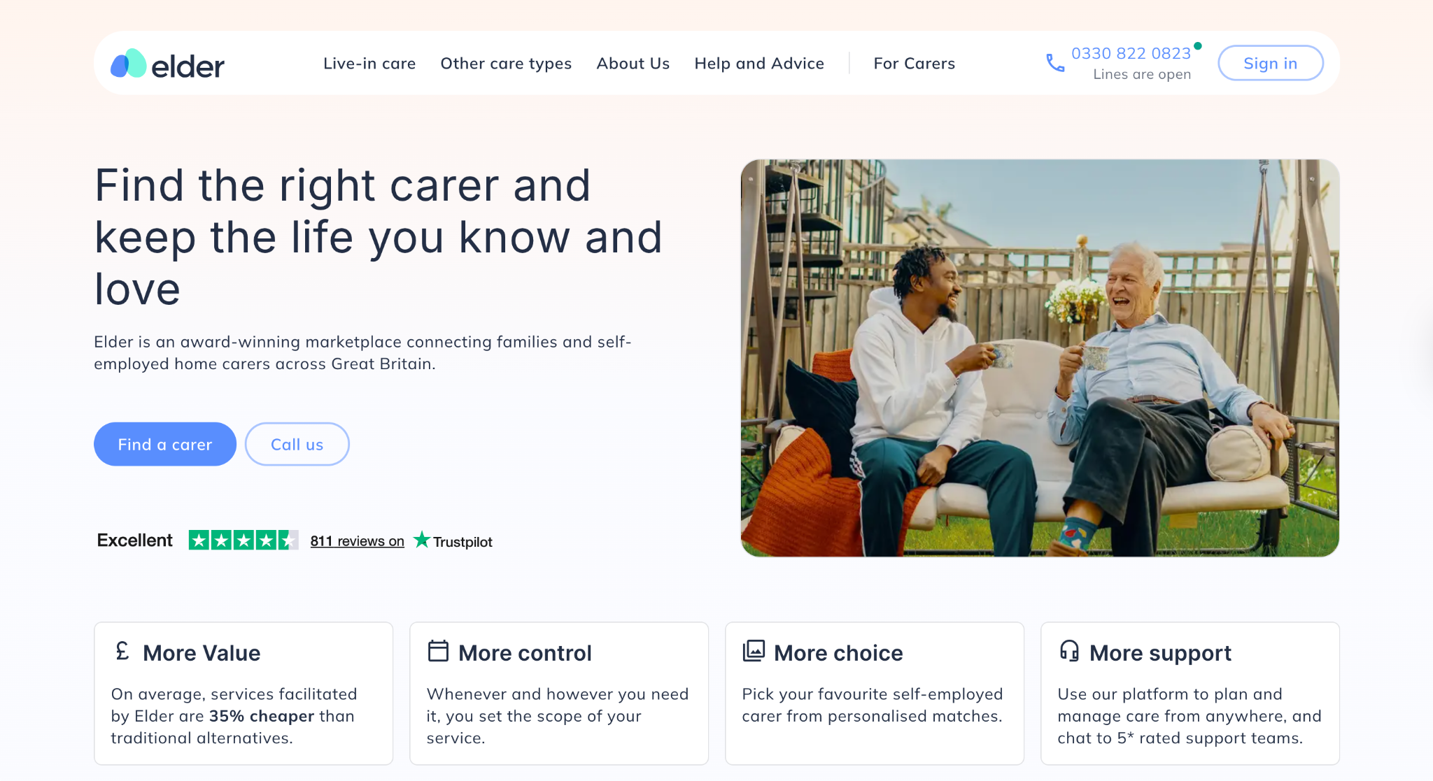Elder homepage with Find a carer and Call us calls to action