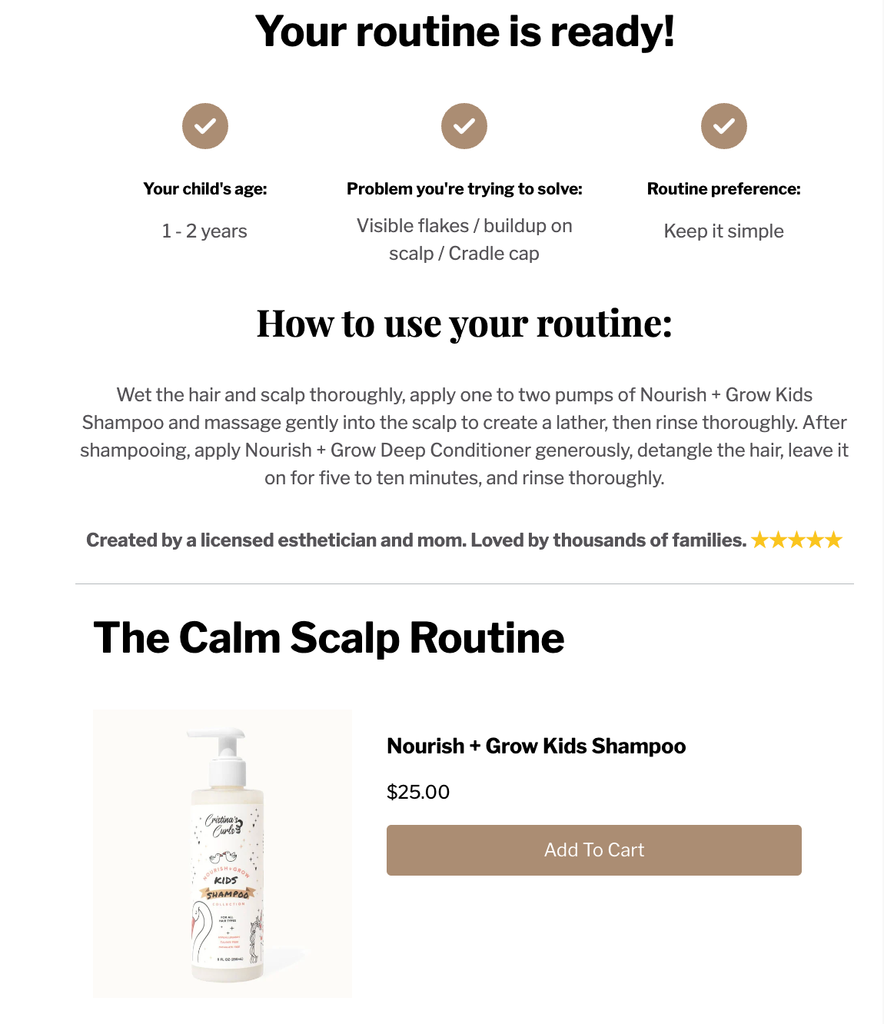 Cristina’s Curls quiz result page with AI merge tags personalizing How to use your routine
