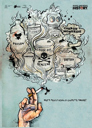  Cartoon image showing a hand holding a cigarette. Smoke emitted says "Crude oil BENZENE", "Ammonia", "Poison", "Battery", "Nail polish remover"
